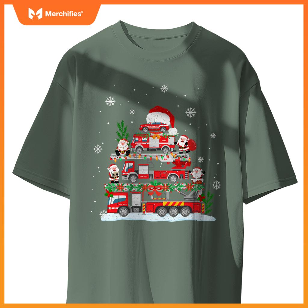 Firefighter Fire Truck Christmas Tree Santa Claus Toddlers T-Shirt