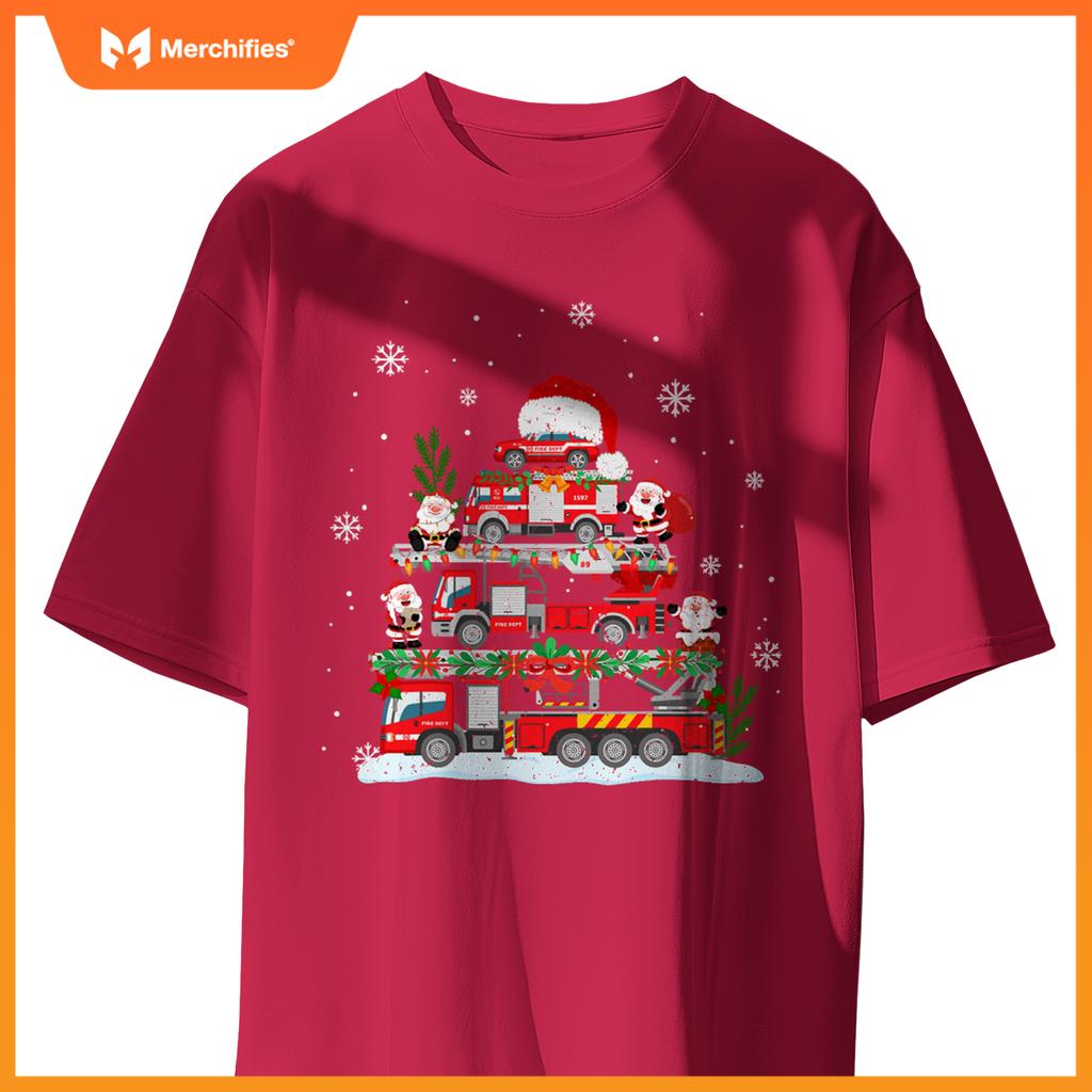 Firefighter Fire Truck Christmas Tree Santa Claus Toddlers T-Shirt