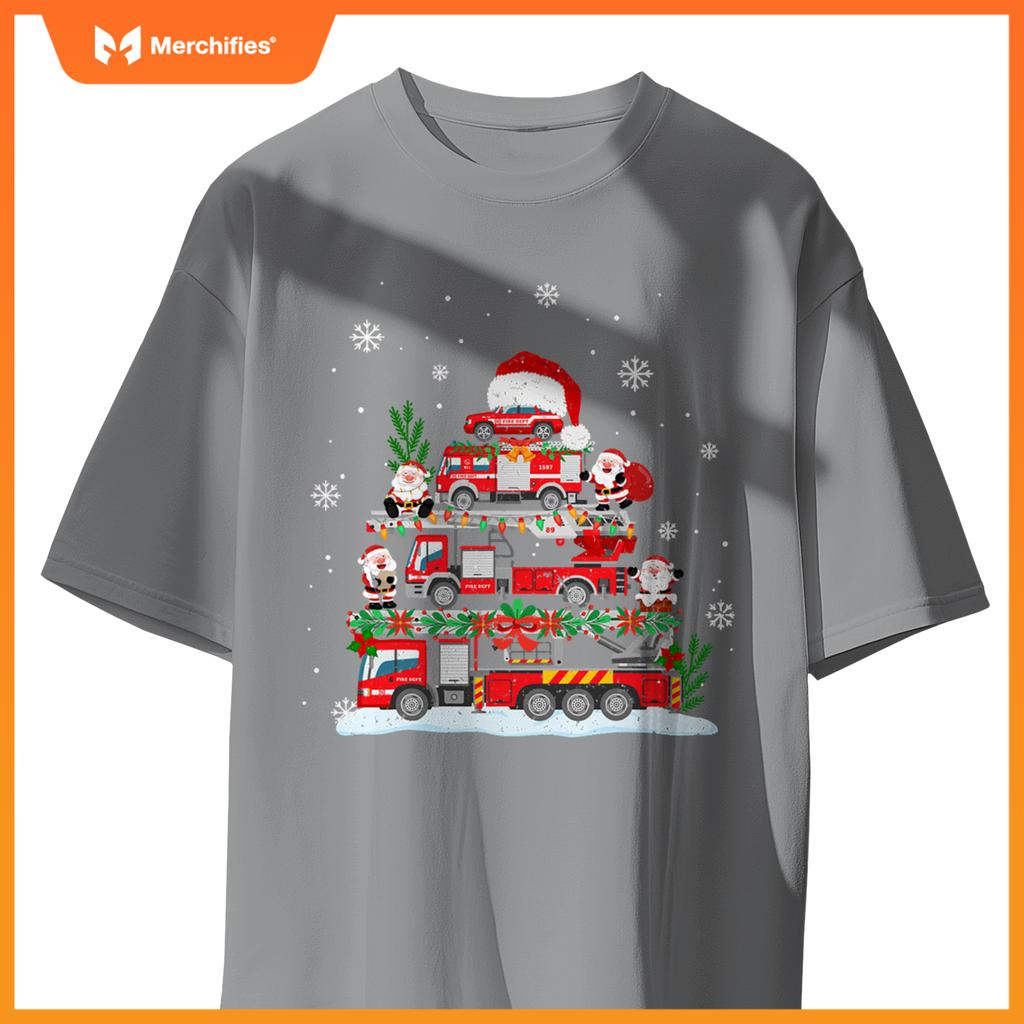 Firefighter Fire Truck Christmas Tree Santa Claus Toddlers T-Shirt