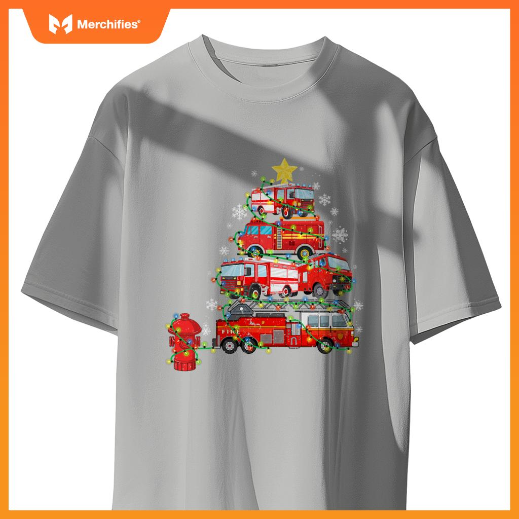 Firefighter, Fire Truck Christmas Tree, Ugly Xmas T-Shirt