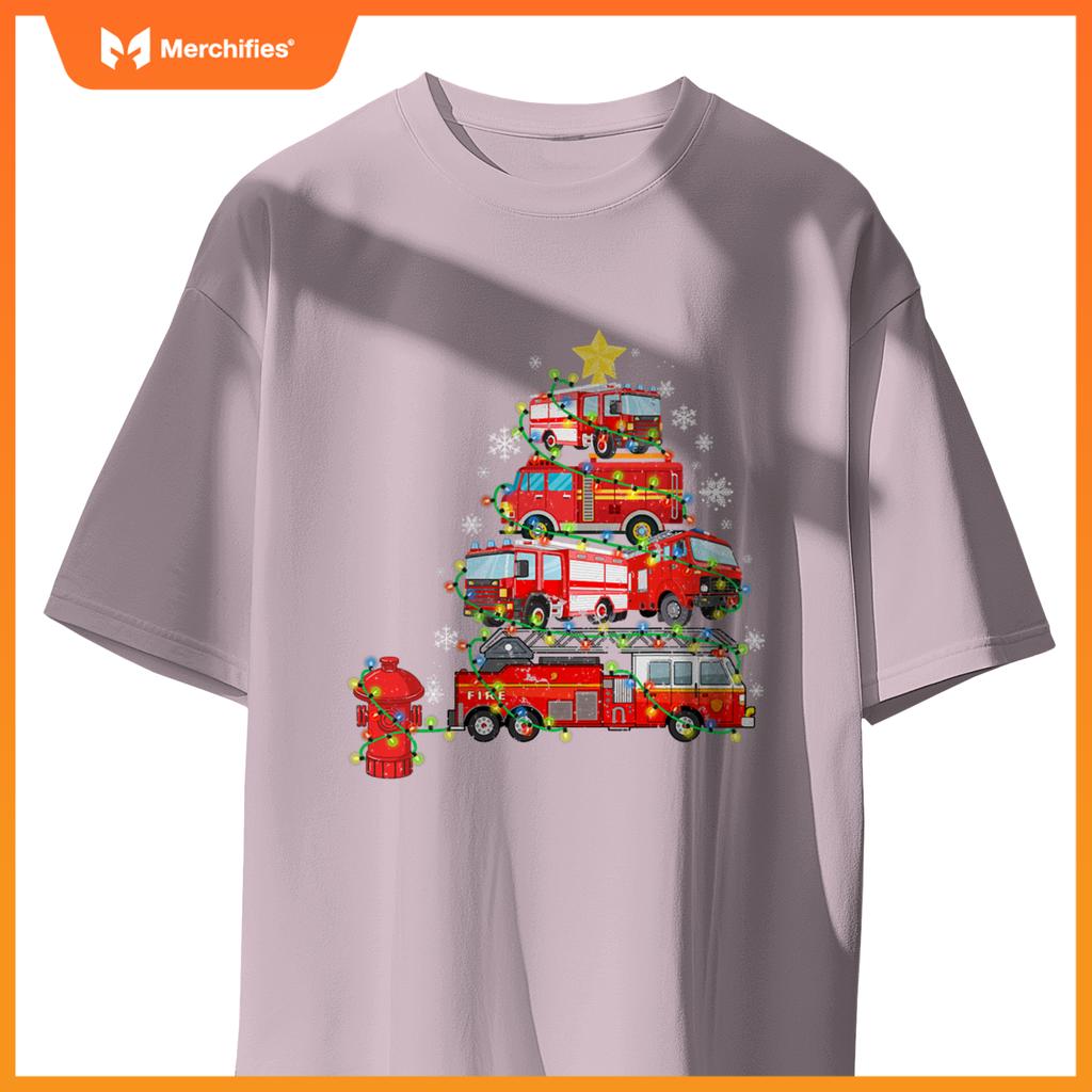 Firefighter, Fire Truck Christmas Tree, Ugly Xmas T-Shirt