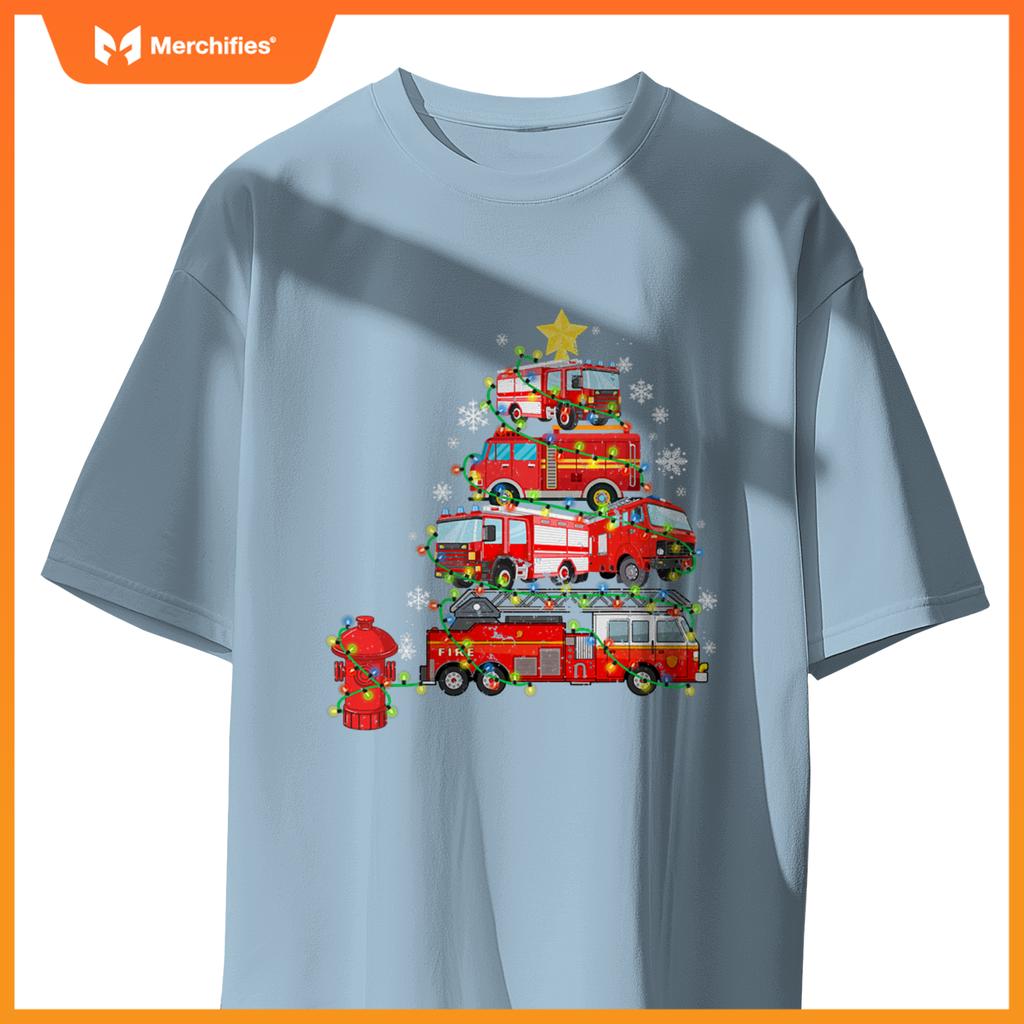 Firefighter, Fire Truck Christmas Tree, Ugly Xmas T-Shirt
