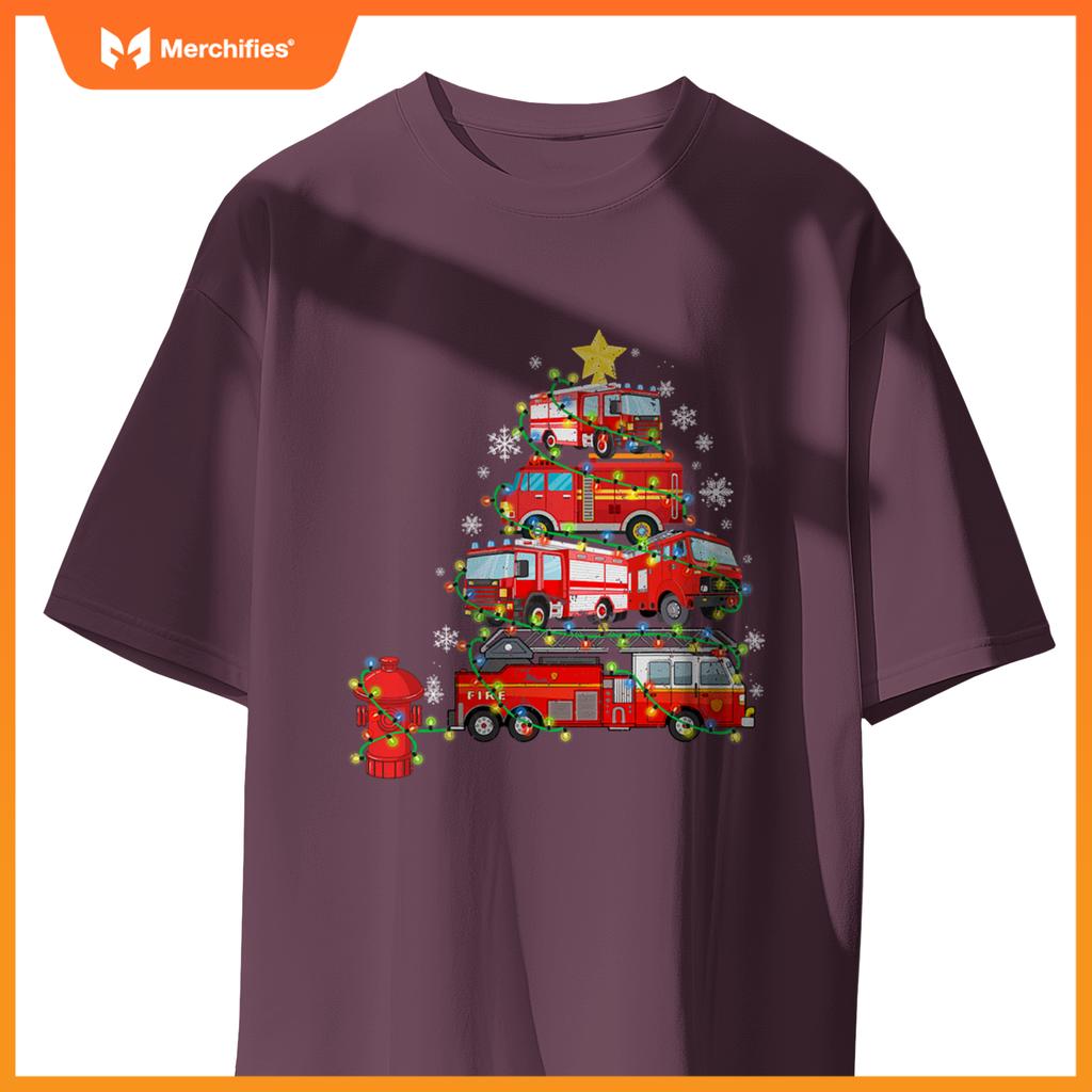 Firefighter, Fire Truck Christmas Tree, Ugly Xmas T-Shirt