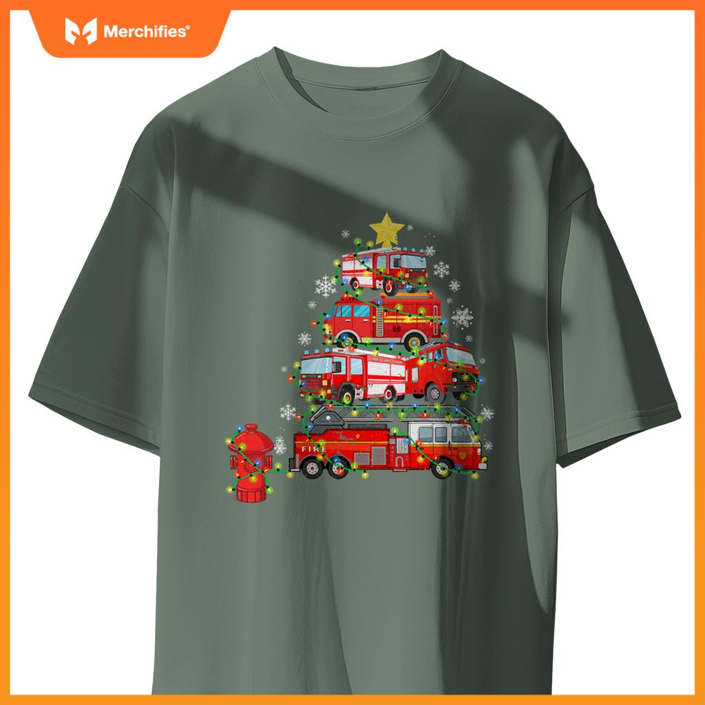 Firefighter, Fire Truck Christmas Tree, Ugly Xmas T-Shirt