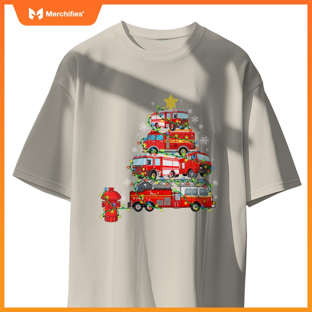 Firefighter, Fire Truck Christmas Tree, Ugly Xmas T-Shirt