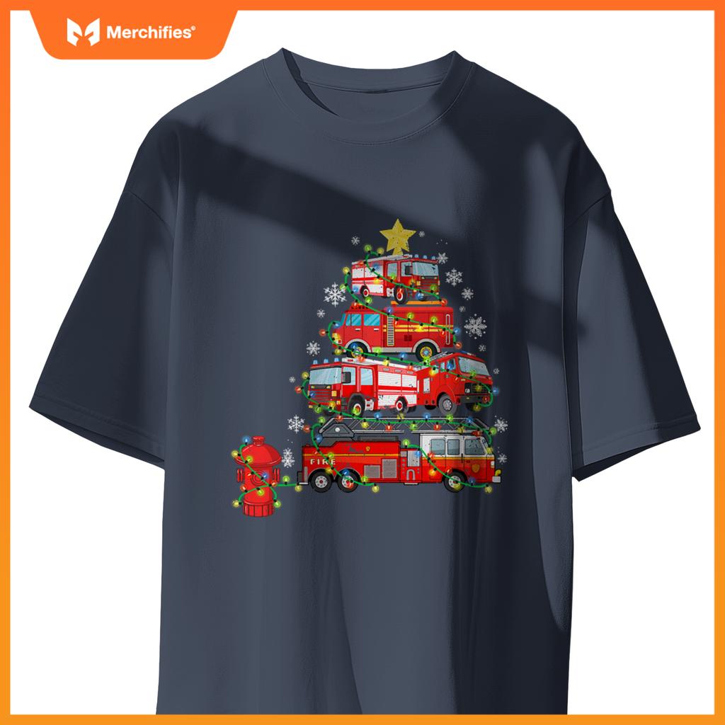 Firefighter, Fire Truck Christmas Tree, Ugly Xmas T-Shirt