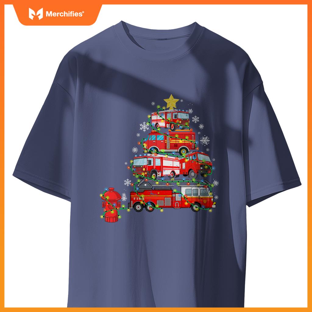Firefighter, Fire Truck Christmas Tree, Ugly Xmas T-Shirt
