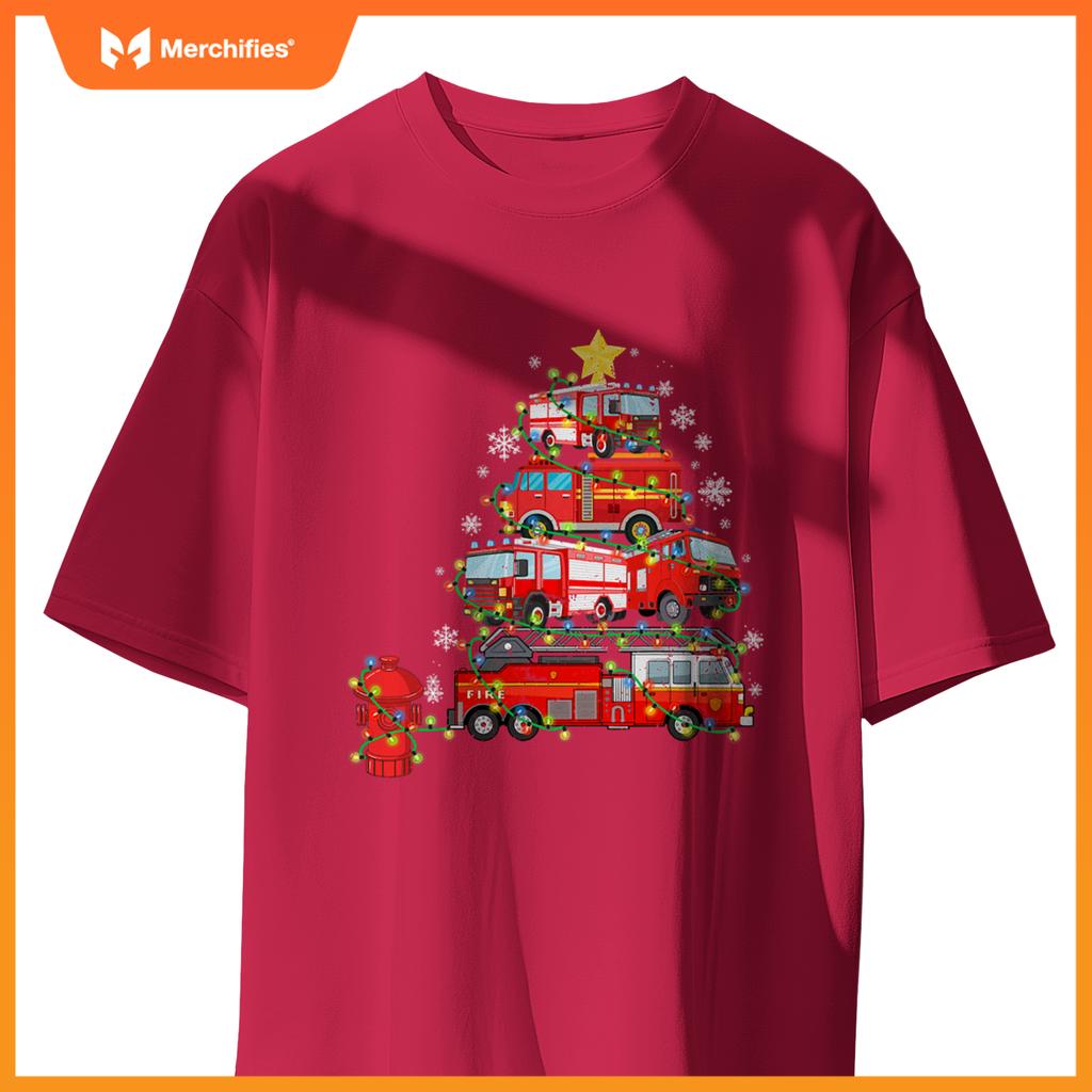 Firefighter, Fire Truck Christmas Tree, Ugly Xmas T-Shirt