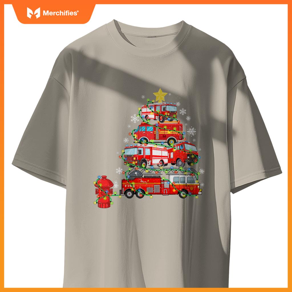 Firefighter, Fire Truck Christmas Tree, Ugly Xmas T-Shirt