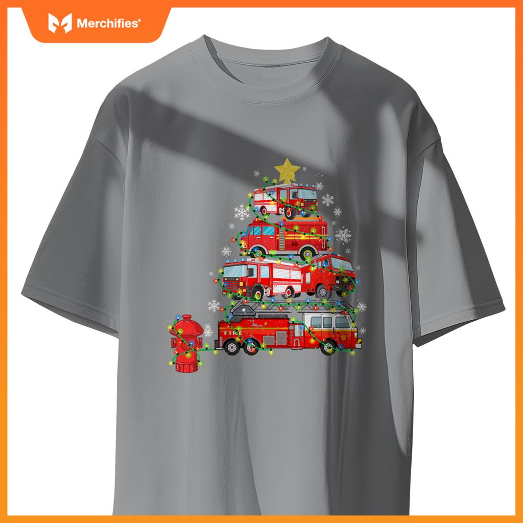 Firefighter, Fire Truck Christmas Tree, Ugly Xmas T-Shirt