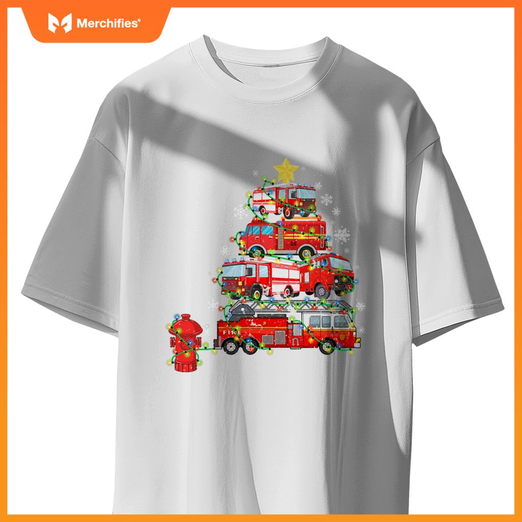Firefighter, Fire Truck Christmas Tree, Ugly Xmas T-Shirt
