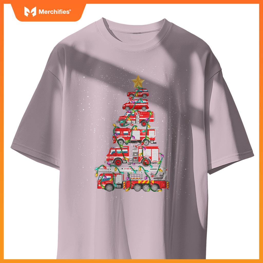 Firefighter Tree Fire Truck Christmas Merry Xmas T-Shirt