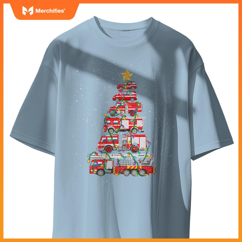Firefighter Tree Fire Truck Christmas Merry Xmas T-Shirt