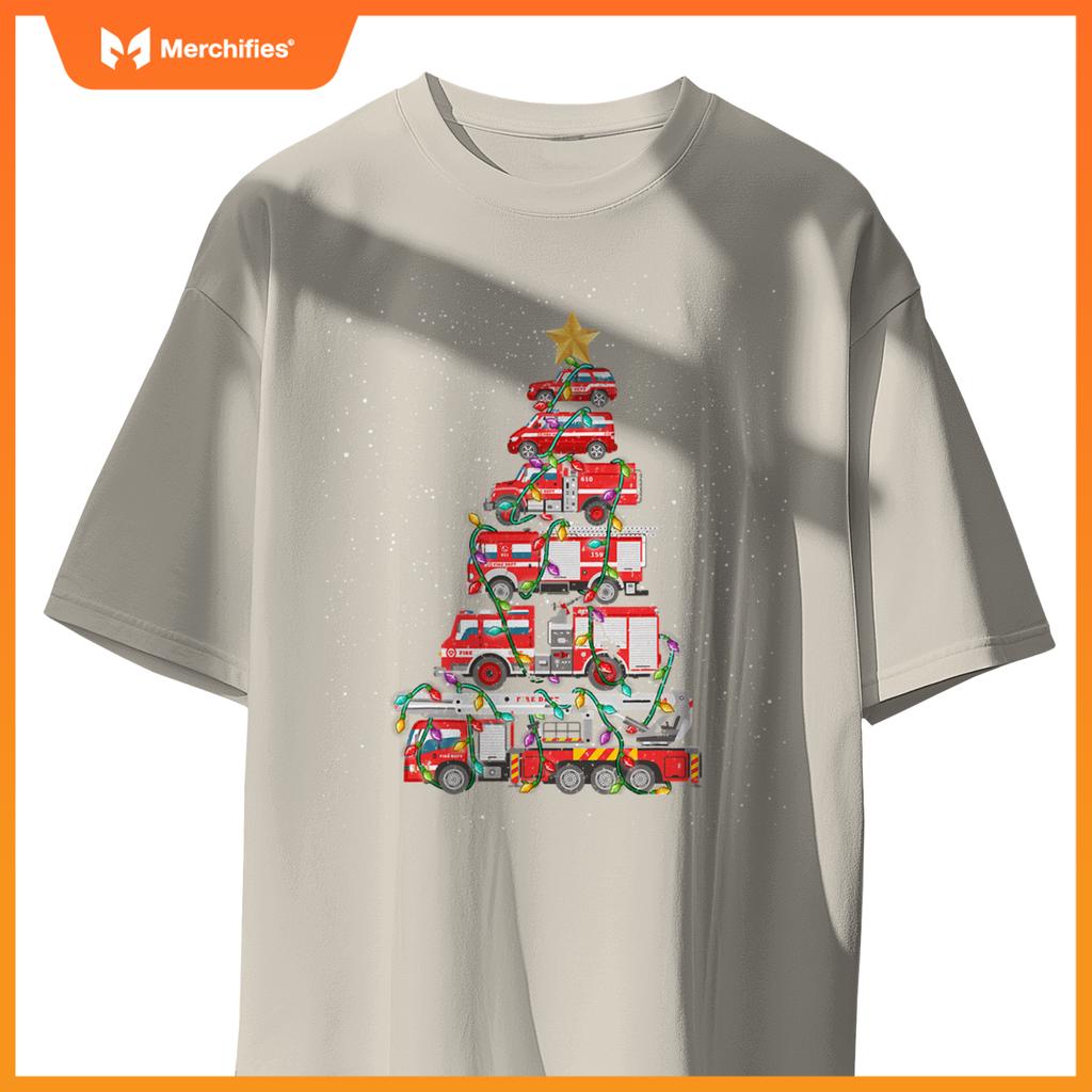 Firefighter Tree Fire Truck Christmas Merry Xmas T-Shirt