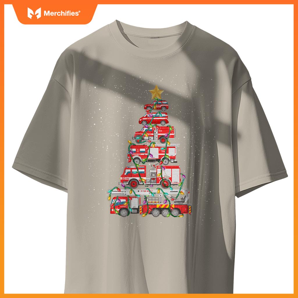 Firefighter Tree Fire Truck Christmas Merry Xmas T-Shirt