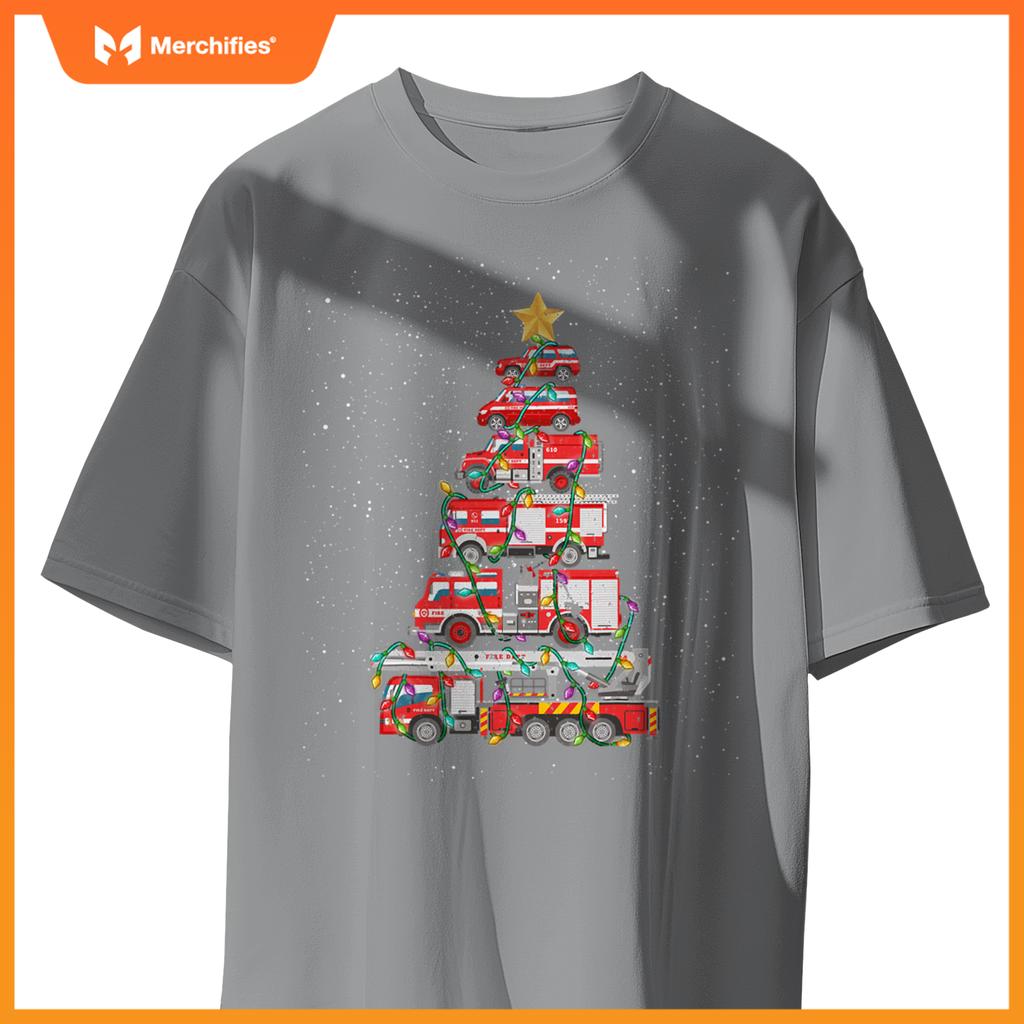 Firefighter Tree Fire Truck Christmas Merry Xmas T-Shirt