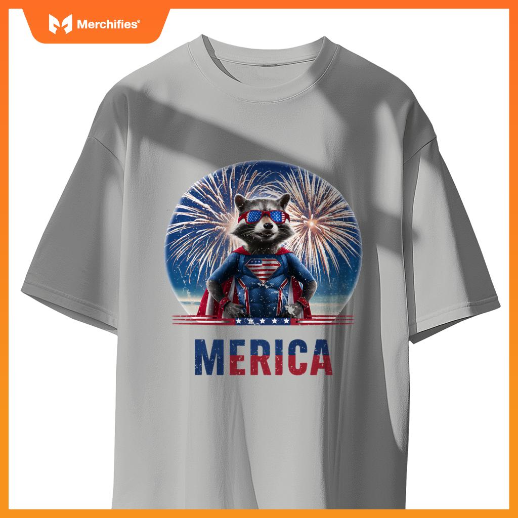 Fireworks raccoon patriotic 4th of july merica flag american T-Shirt
