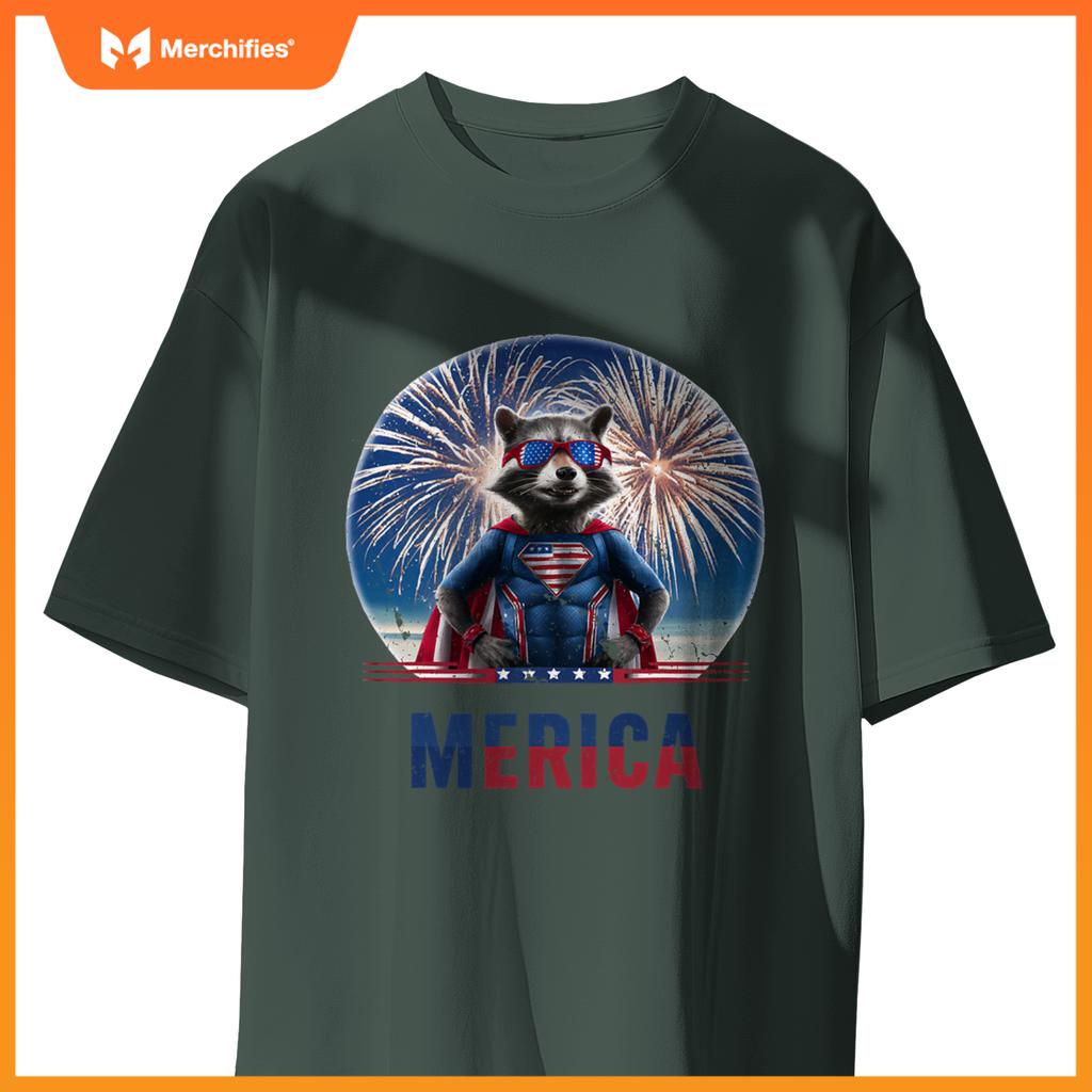 Fireworks raccoon patriotic 4th of july merica flag american T-Shirt