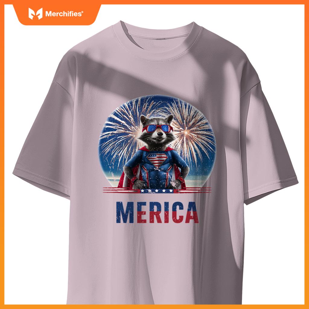 Fireworks raccoon patriotic 4th of july merica flag american T-Shirt