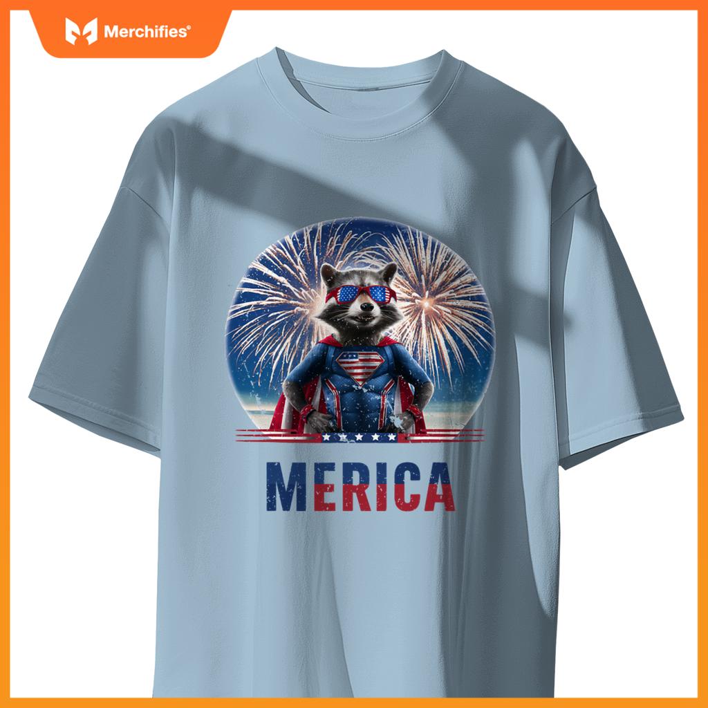 Fireworks raccoon patriotic 4th of july merica flag american T-Shirt