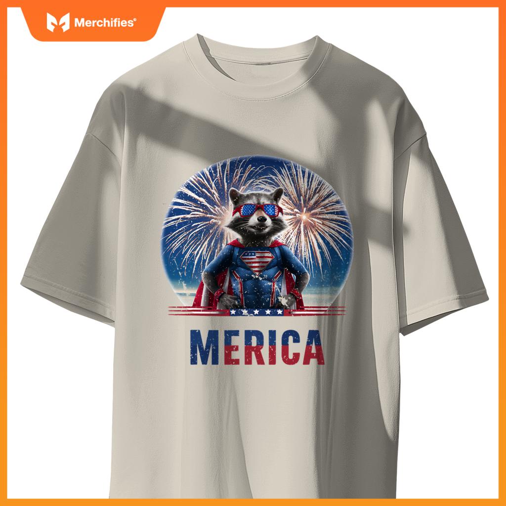 Fireworks raccoon patriotic 4th of july merica flag american T-Shirt