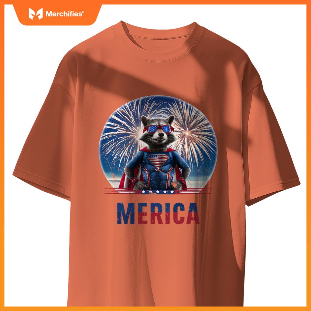 Fireworks raccoon patriotic 4th of july merica flag american T-Shirt