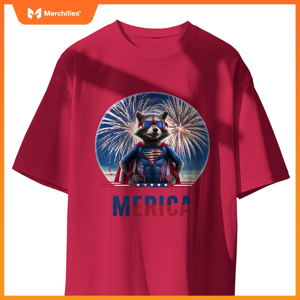 Fireworks raccoon patriotic 4th of july merica flag american T-Shirt