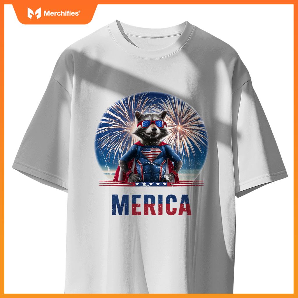 Fireworks raccoon patriotic 4th of july merica flag american T-Shirt