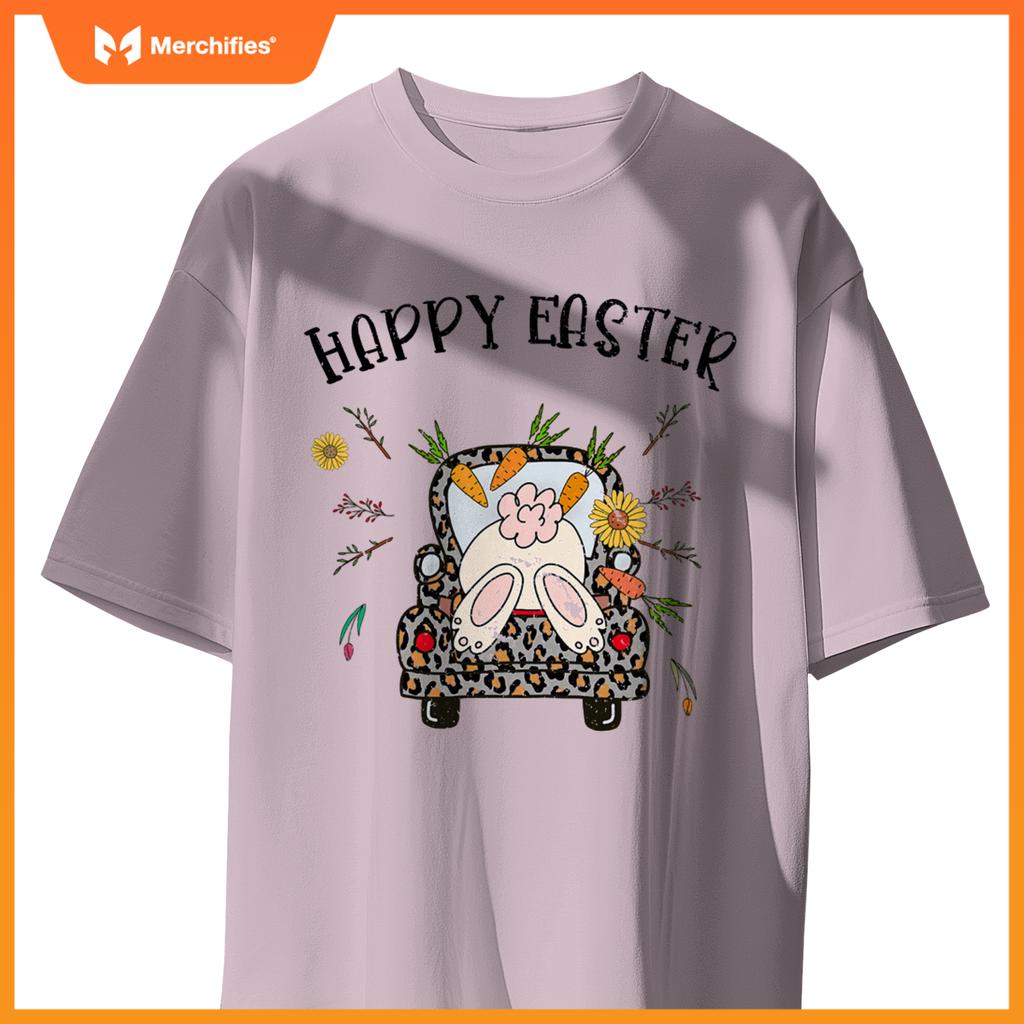 Happy Easter Bunny Rabbit In Leopard Print Truck Women T-Shirt