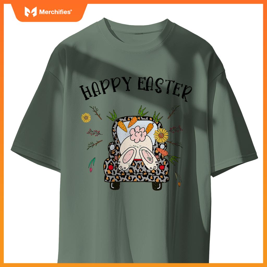 Happy Easter Bunny Rabbit In Leopard Print Truck Women T-Shirt