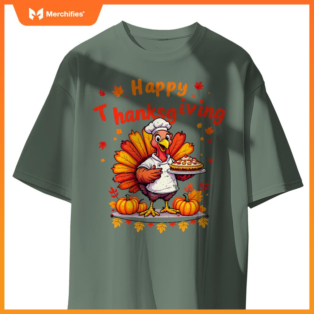 Happy Thanksgiving Turkey Chef Dinner Thankful Women Men Kid T-Shirt
