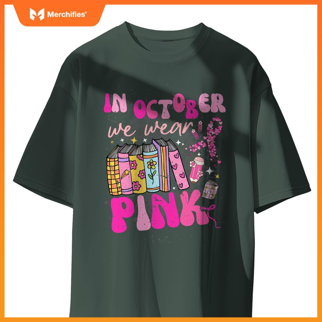 In october we wear pink book teacher groovy breast cancer