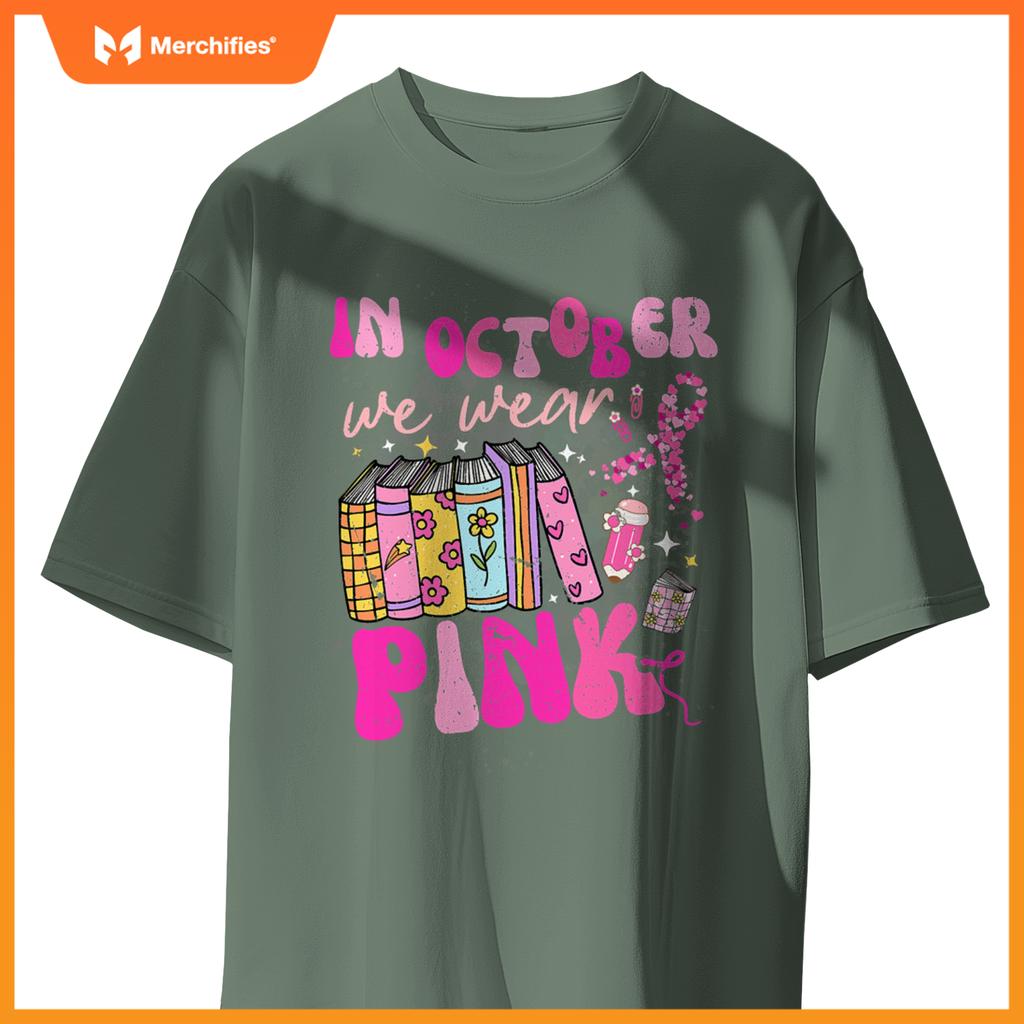 In october we wear pink book teacher groovy breast cancer