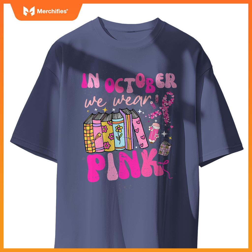 In october we wear pink book teacher groovy breast cancer