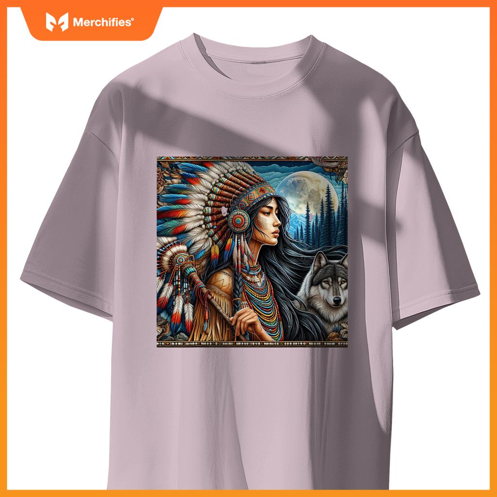 Indian Native American Woman With White Wolf Vintage Gifts T-Shirt