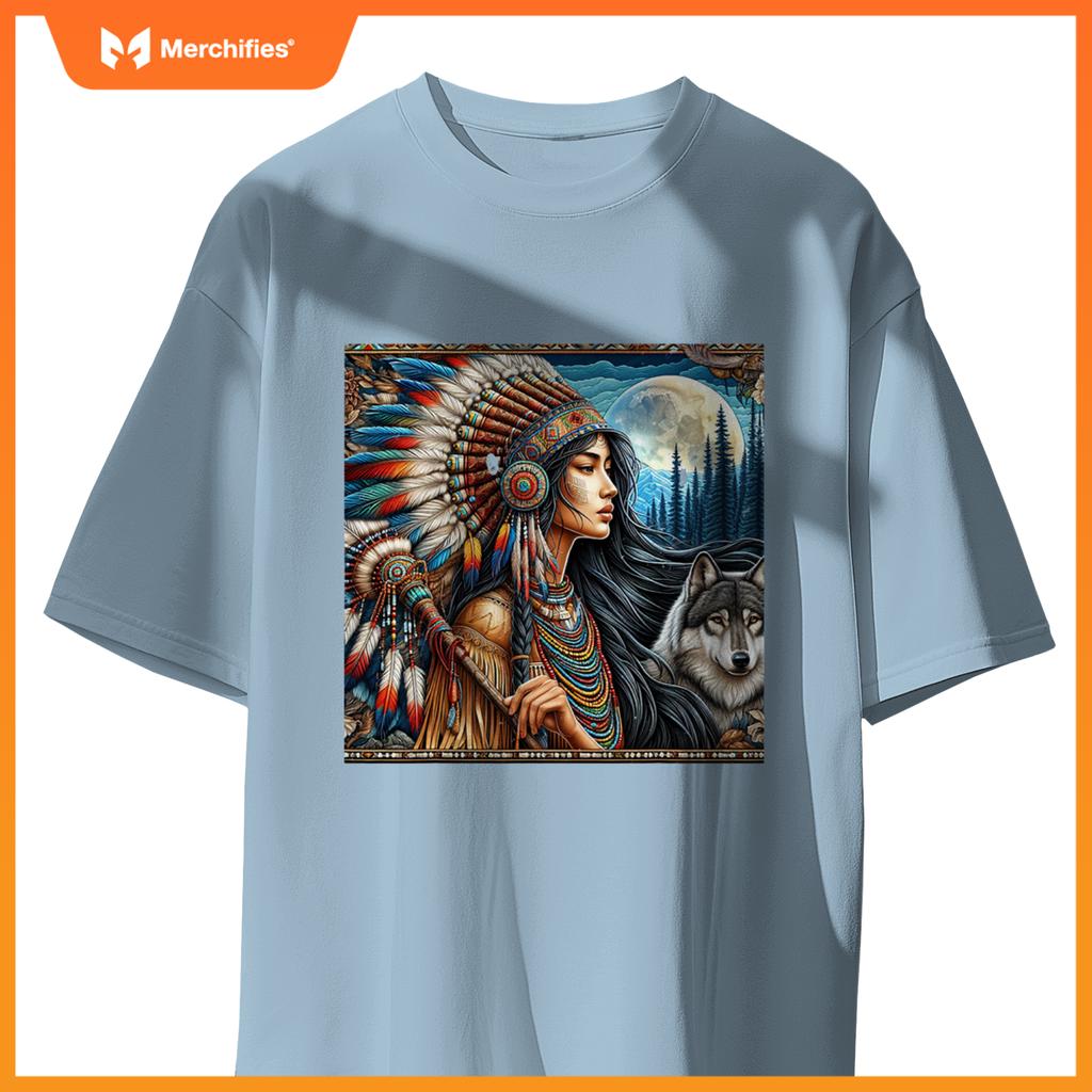 Indian Native American Woman With White Wolf Vintage Gifts T-Shirt