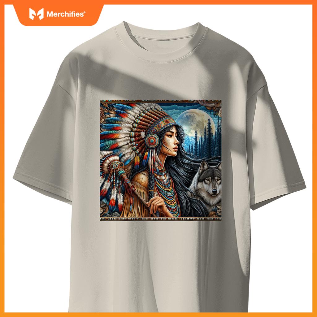 Indian Native American Woman With White Wolf Vintage Gifts T-Shirt