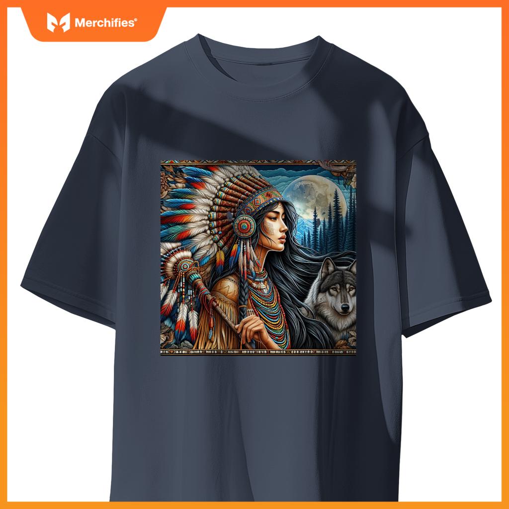 Indian Native American Woman With White Wolf Vintage Gifts T-Shirt