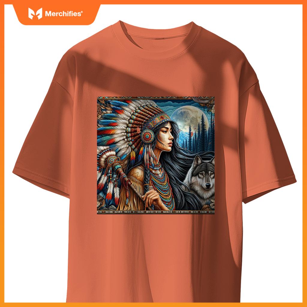 Indian Native American Woman With White Wolf Vintage Gifts T-Shirt