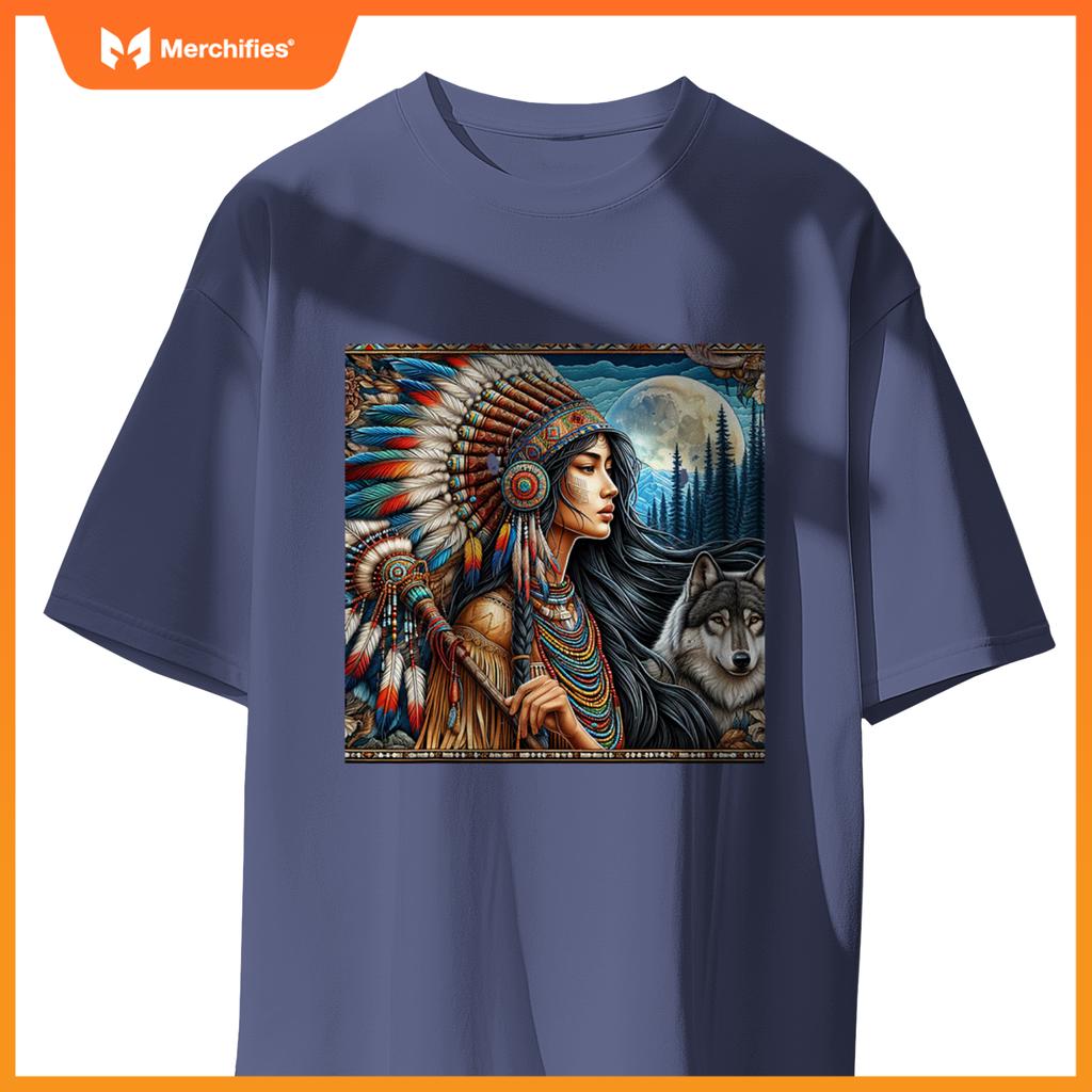 Indian Native American Woman With White Wolf Vintage Gifts T-Shirt