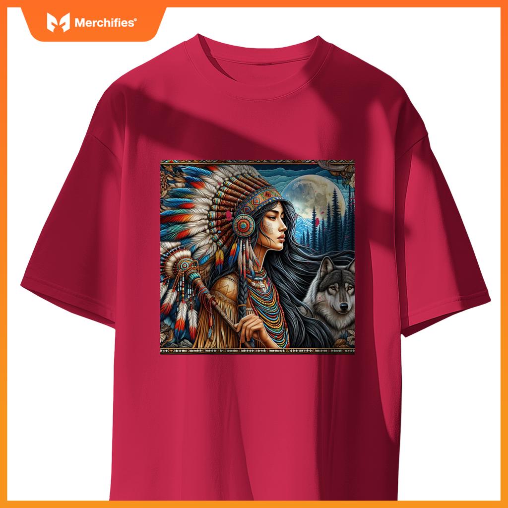 Indian Native American Woman With White Wolf Vintage Gifts T-Shirt