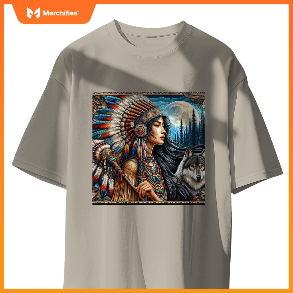 Indian Native American Woman With White Wolf Vintage Gifts T-Shirt