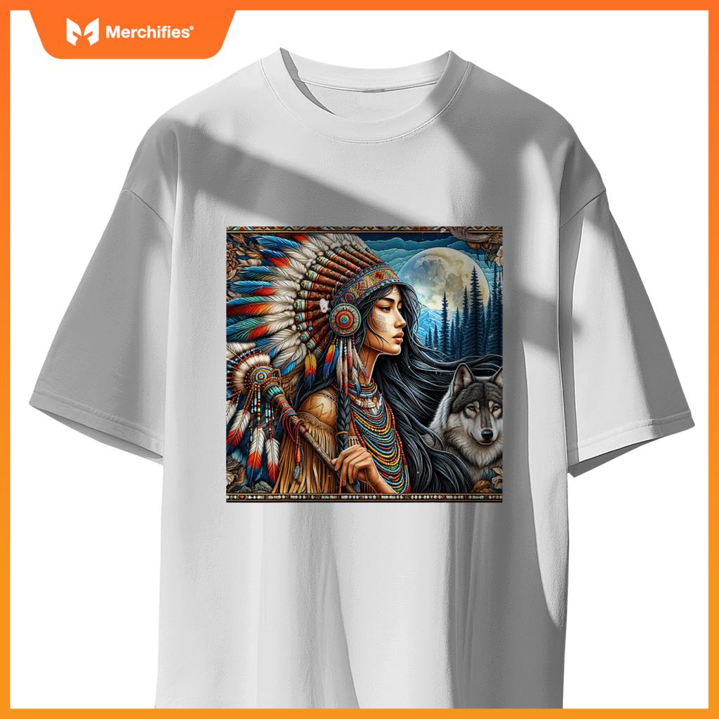 Indian Native American Woman With White Wolf Vintage Gifts T-Shirt