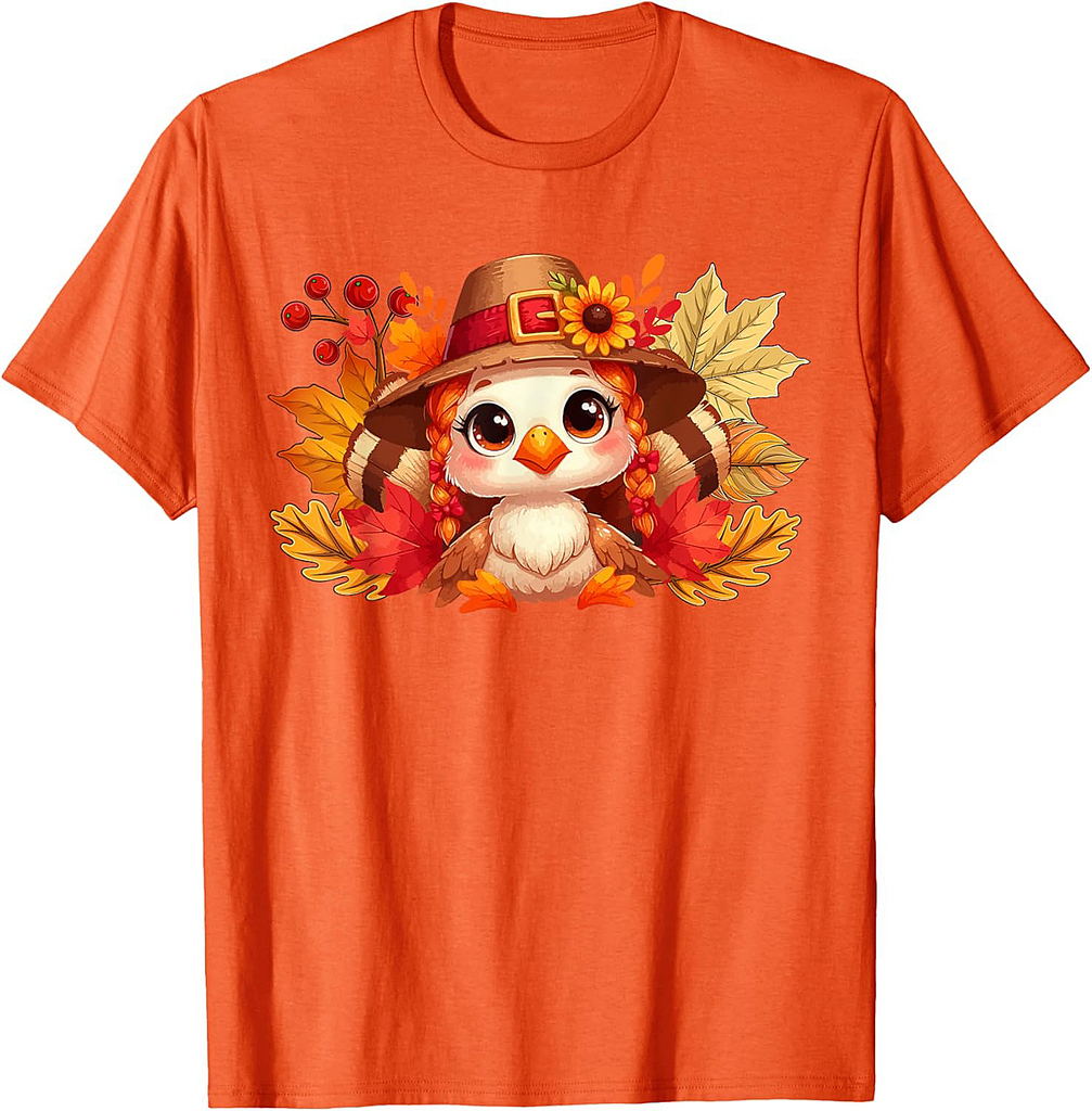 Cute Turkey Costume Girl Thanksgiving Fall Leaves Floral T-Shirt