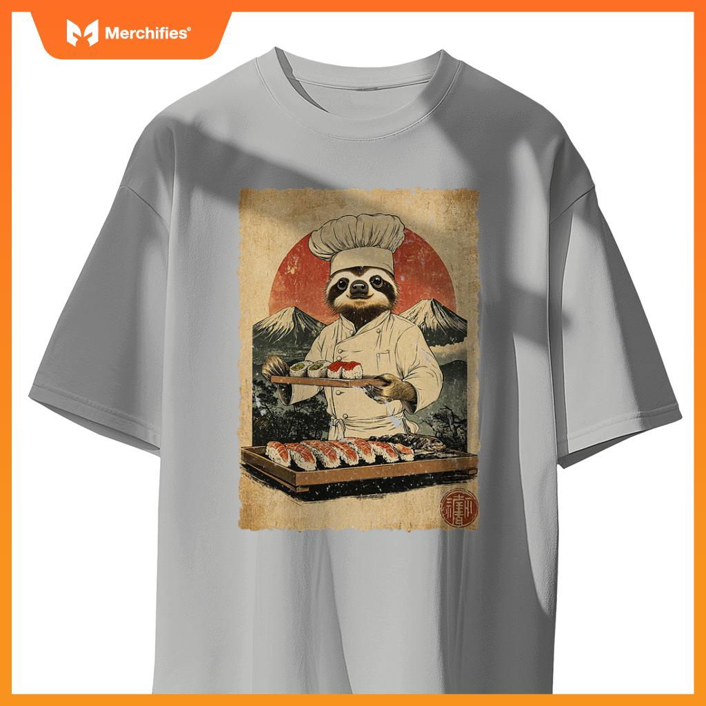 Japanese Food Art Cute Lazy Sloth Sushi Chef T-Shirt