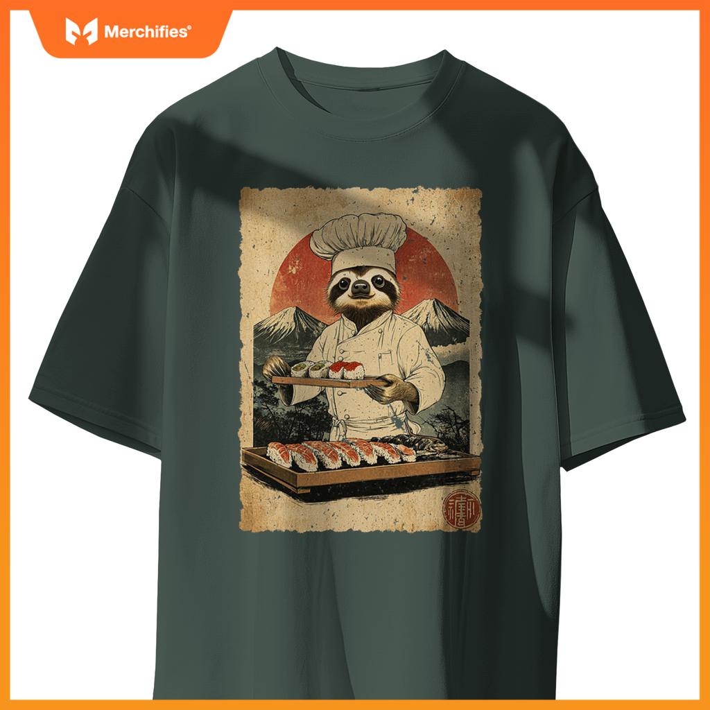 Japanese Food Art Cute Lazy Sloth Sushi Chef T-Shirt