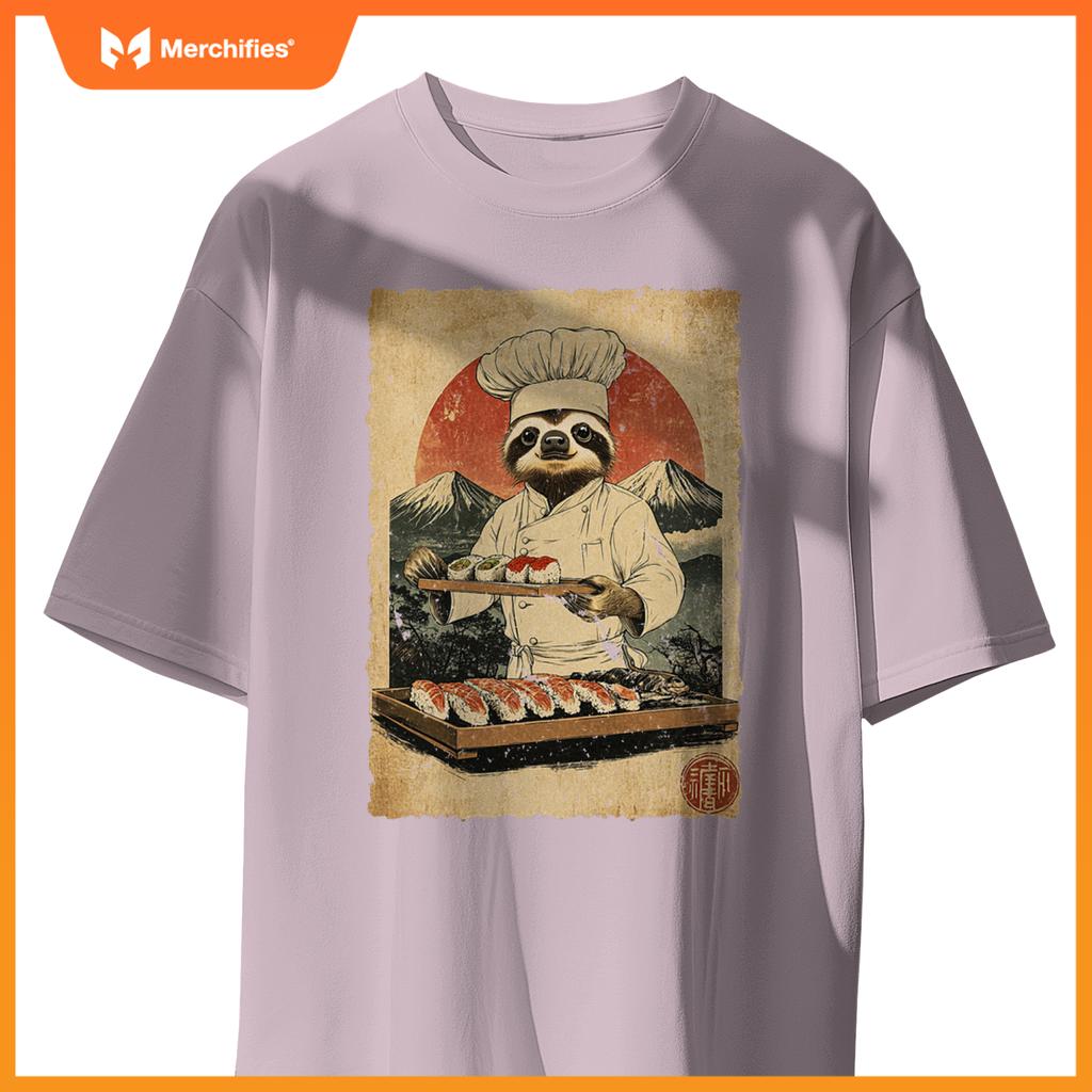 Japanese Food Art Cute Lazy Sloth Sushi Chef T-Shirt