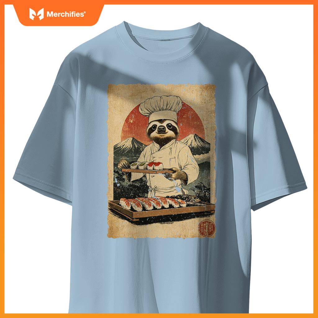 Japanese Food Art Cute Lazy Sloth Sushi Chef T-Shirt