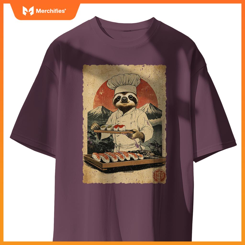 Japanese Food Art Cute Lazy Sloth Sushi Chef T-Shirt