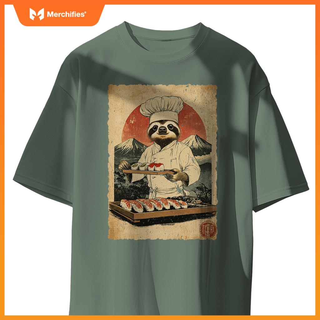 Japanese Food Art Cute Lazy Sloth Sushi Chef T-Shirt